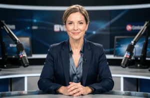 Journaliste femme professionnelle sur un plateau de télévision, évoquant le salaire et la carrière d'Apolline de Malherbe