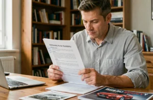 Homme lisant attentivement une fiche de fiabilité automobile imprimée à son bureau, avec des annotations manuscrites sur le document