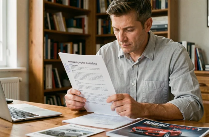 Homme lisant attentivement une fiche de fiabilité automobile imprimée à son bureau, avec des annotations manuscrites sur le document