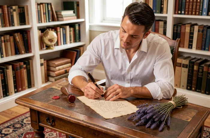 Homme rédigeant une lettre manuscrite de vœux de mariage à un bureau antique avec un stylo calligraphié