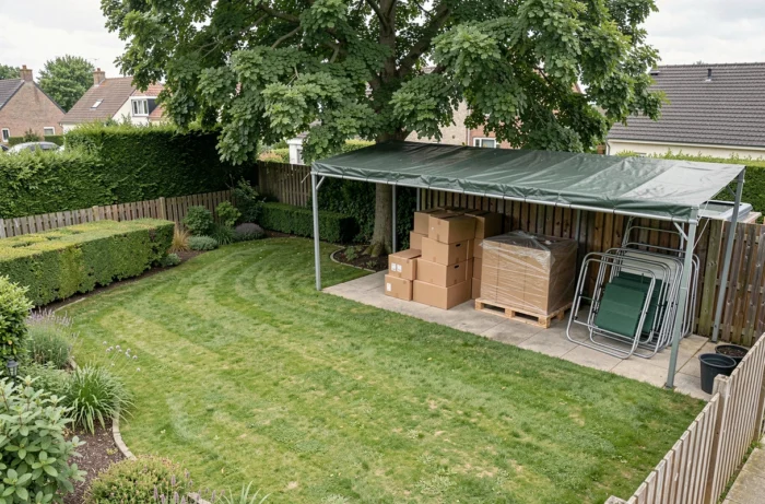 Grand jardin résidentiel avec une zone de stockage délimitée contenant des cartons et palettes sous une bâche imperméable