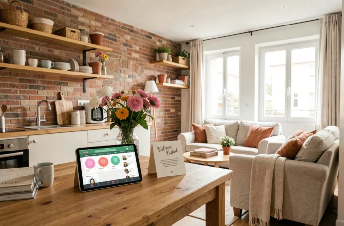 Appartement en location saisonnière courte durée avec tablette affichant l'application Airbnb et décoration soignée