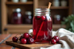 Bocal en verre rempli de fruits rouges en macération dans de l'alcool de fruits Leclerc sur une table en bois rustique