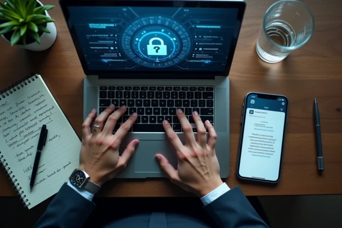 Vue de dessus des mains d'un professionnel saisissant des données sur un ordinateur portable affichant une interface d'assurance cyber sécurité, avec un carnet de notes sur un bureau en bois