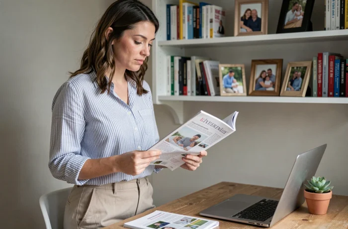 Jeune maman debout à son bureau à domicile, consultant un magazine de conseils parentaux dans un espace de travail ordonné