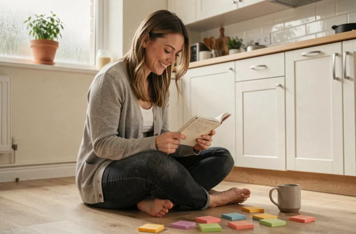 Maman trentenaire assise sur le sol de sa cuisine, lisant un carnet de conseils entourée de notes colorées et d'une tasse de café