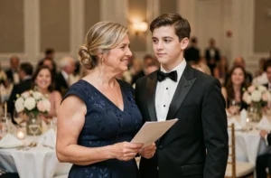 Maman émue tenant un discours lors du mariage de son fils dans une salle de réception élégante