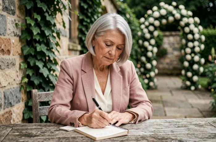 Maman préparant son discours pour le mariage de son fils dans un jardin fleuri