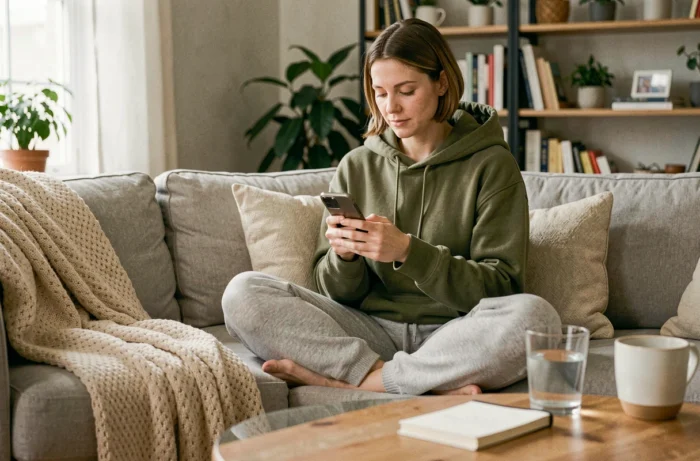 Maman trentenaire détendue sur un canapé du salon, consultant des conseils parentaux sur son smartphone avec une ambiance chaleureuse
