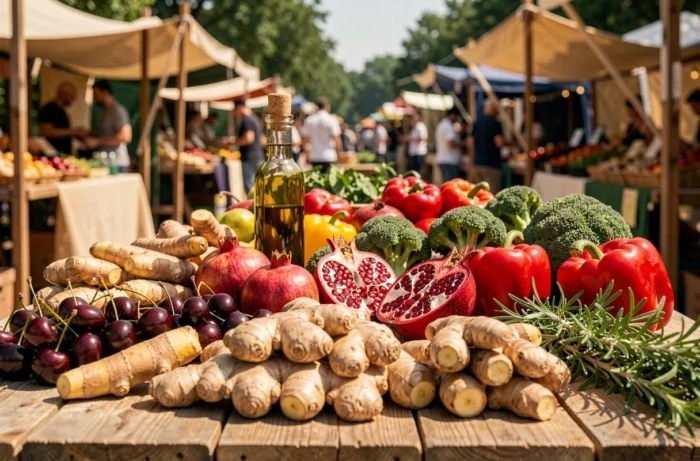 Étalage de marché avec des aliments anti-inflammatoires : curcuma, gingembre, cerises, grenade, brocoli et huile d'olive