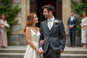 Couple élégant en tenue de mariage civil devant une mairie en pierre, regard complice et mains enlacées