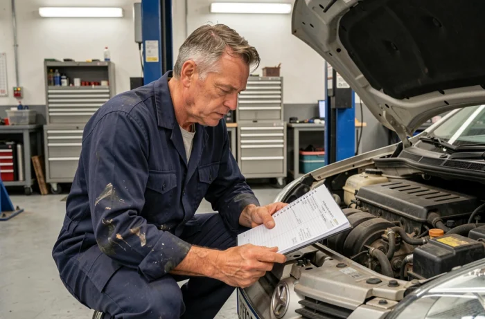 Mécanicien consultant un carnet d'entretien automobile dans un garage professionnel avec capot de voiture ouvert
