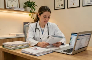 Médecin femme consultant des ressources médicales professionnelles dans un bureau clinique organisé