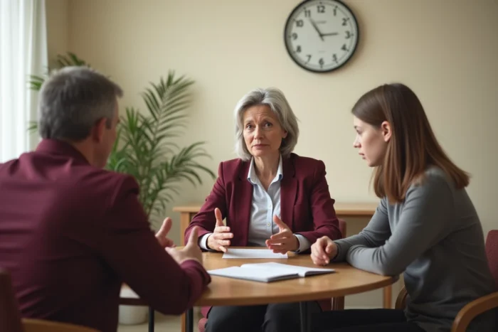 Médiatrice familiale en séance de médiation avec un père et sa fille adolescente dans un bureau neutre et professionnel