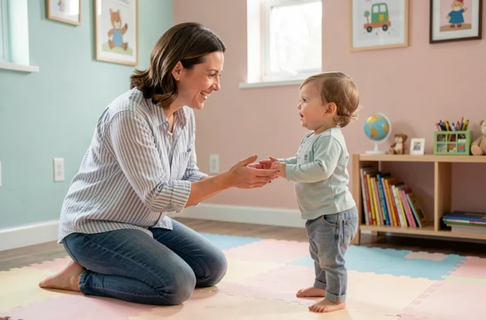 Mère encourageant son bébé à marcher sur un tapis de jeu dans une chambre d'enfant lumineuse