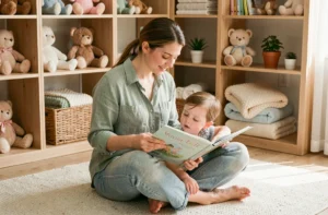 Jeune mère lisant un livre illustré à son enfant dans une chambre de bébé décorée avec douceur et bienveillance