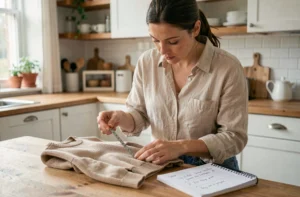 Mère mesurant un vêtement enfant avec un mètre ruban sur une table en bois dans une cuisine familiale