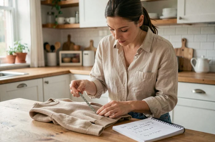 Mère mesurant un vêtement enfant avec un mètre ruban sur une table en bois dans une cuisine familiale