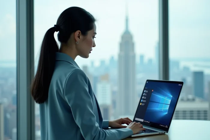 Professionnelle utilisant Microsoft Bing Traducteur sur un ordinateur portable dans un bureau moderne