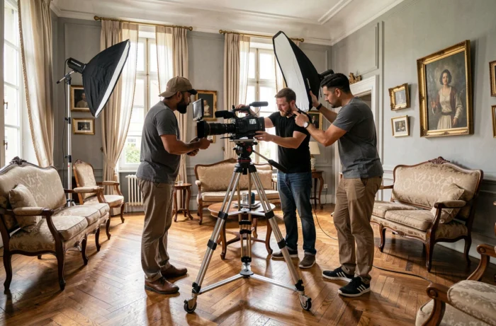 Équipe de tournage professionnelle installant une caméra dans un beau salon français mis à disposition pour une production audiovisuelle