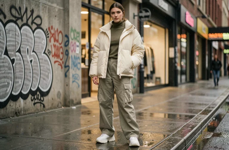 Jeune femme portant une tenue mode urbaine tendance avec veste puffer oversize, pantalon cargo et sneakers chunky dans une rue de la ville
