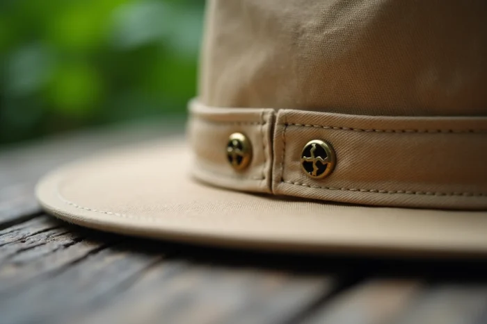 Gros plan sur les œillets de ventilation en laiton intégrés dans le tissu d'un chapeau outdoor kaki