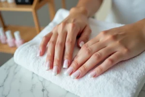 Ongles avec décoloration blanche après manucure gel, posés sur une table de salon en marbre blanc