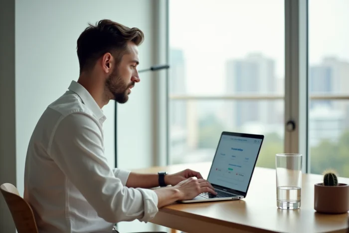 Homme utilisant OpenL Translate sur un ordinateur portable dans un appartement moderne et minimaliste