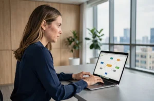 Femme en train d'optimiser la structure d'un sitemap sur son ordinateur portable dans un bureau moderne