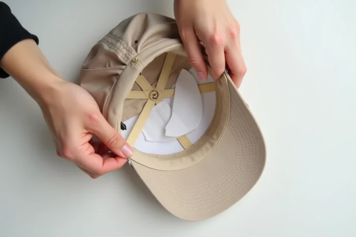 Mains collant un pad anti-sueur jetable dans la bande intérieure d'une casquette beige