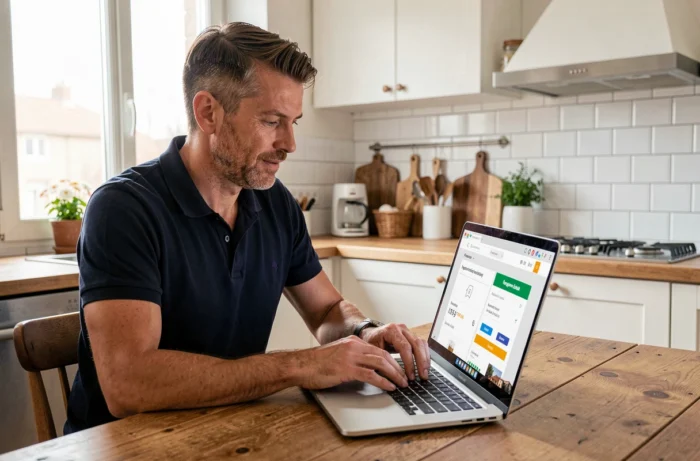 Homme consultant les options de paiement en plusieurs fois sur le site en ligne Leclerc depuis son domicile