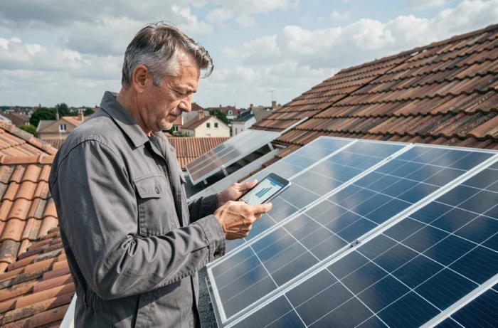 Propriétaire sur son toit avec des panneaux solaires installés en autoconsommation, consultant une tablette de suivi de production énergétique