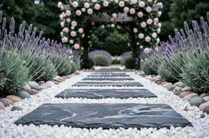 Allée en pas japonais d'ardoise dans un jardin de gravier blanc avec lavande et pergola en bois