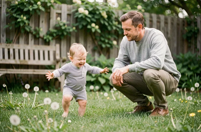 Père encourageant son enfant à faire ses premiers pas dans un jardin verdoyant lors d'une douce journée en famille