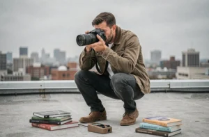 Photographe professionnel sur un toit en train de cadrer une scène urbaine avec son appareil photo reflex