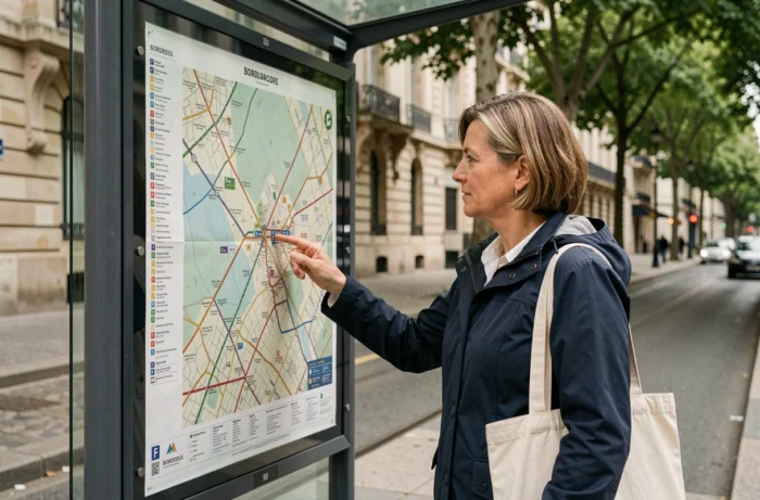 Femme consultant le plan du réseau tramway de Bordeaux avec les lignes E et F sur un abri de station