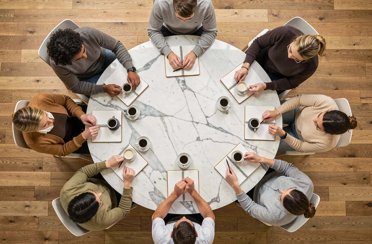 Vue en plongée totale sur des personnes autour d'une table ronde formant une composition graphique géométrique