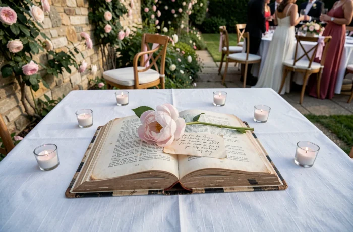 Livre de poésie ouvert avec une pivoine et une note manuscrite sur une table de mariage en extérieur