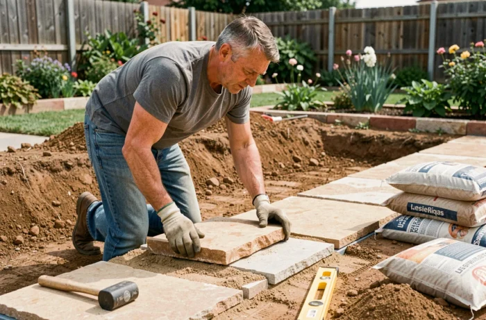 Homme posant une dalle en pierre naturelle sur lit de sable dans un jardin en travaux