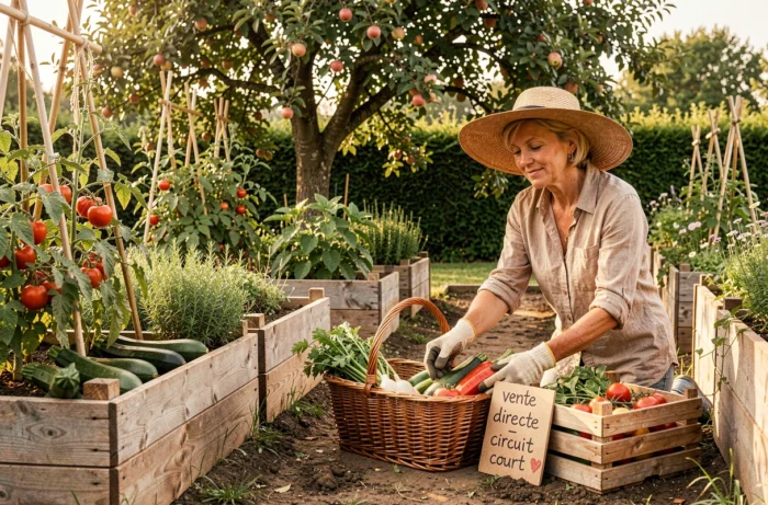 Femme récoltant des légumes dans son potager et verger pour une vente directe en circuit court depuis sa résidence principale