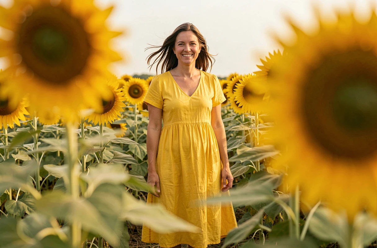 Portrait environnemental d'une femme dans un champ de tournesols avec premier plan flou créant de la profondeur