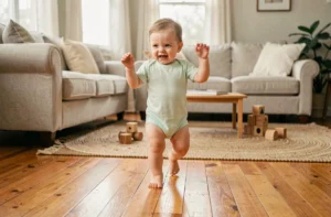 Bébé faisant ses premiers pas sur un parquet en bois dans un salon familial chaleureux
