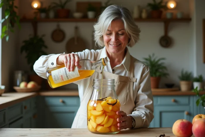 Femme versant de l'alcool de fruits Leclerc dans un bocal de pêches pour préparer une macération maison en cuisine