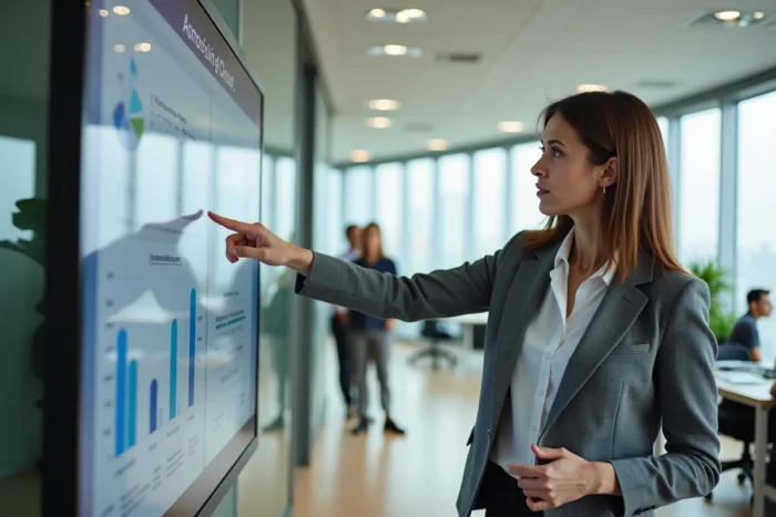 Responsable informatique d'une collectivité présentant une solution de gestion numérique innovante sur un écran interactif dans un espace de travail moderne