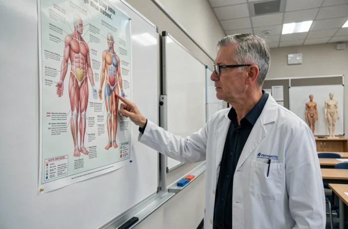 Professeur de médecine expliquant les régions anatomiques du corps humain devant un poster pédagogique dans une salle de cours médicale