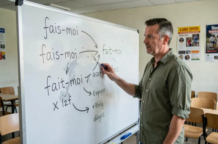 Professeur de français expliquant devant un tableau blanc la différence grammaticale entre fais-moi et fait-moi en classe