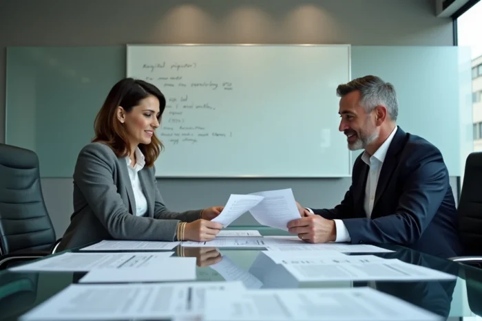 Deux professionnels analysant des formulaires d'immatriculation SIREN et SIRET en salle de réunion