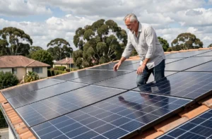 Propriétaire inspecte des panneaux solaires photovoltaïques installés sur le toit de sa maison résidentielle