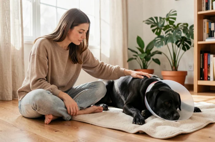 Femme veillant sur son labrador en repos à la maison après une stérilisation, chien portant une collerette de protection