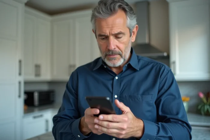 Homme consultant son smartphone pour récupérer l'accès à son compte MyFoncia après avoir oublié son mot de passe